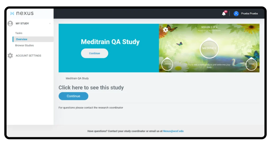 Nexus study overview screen