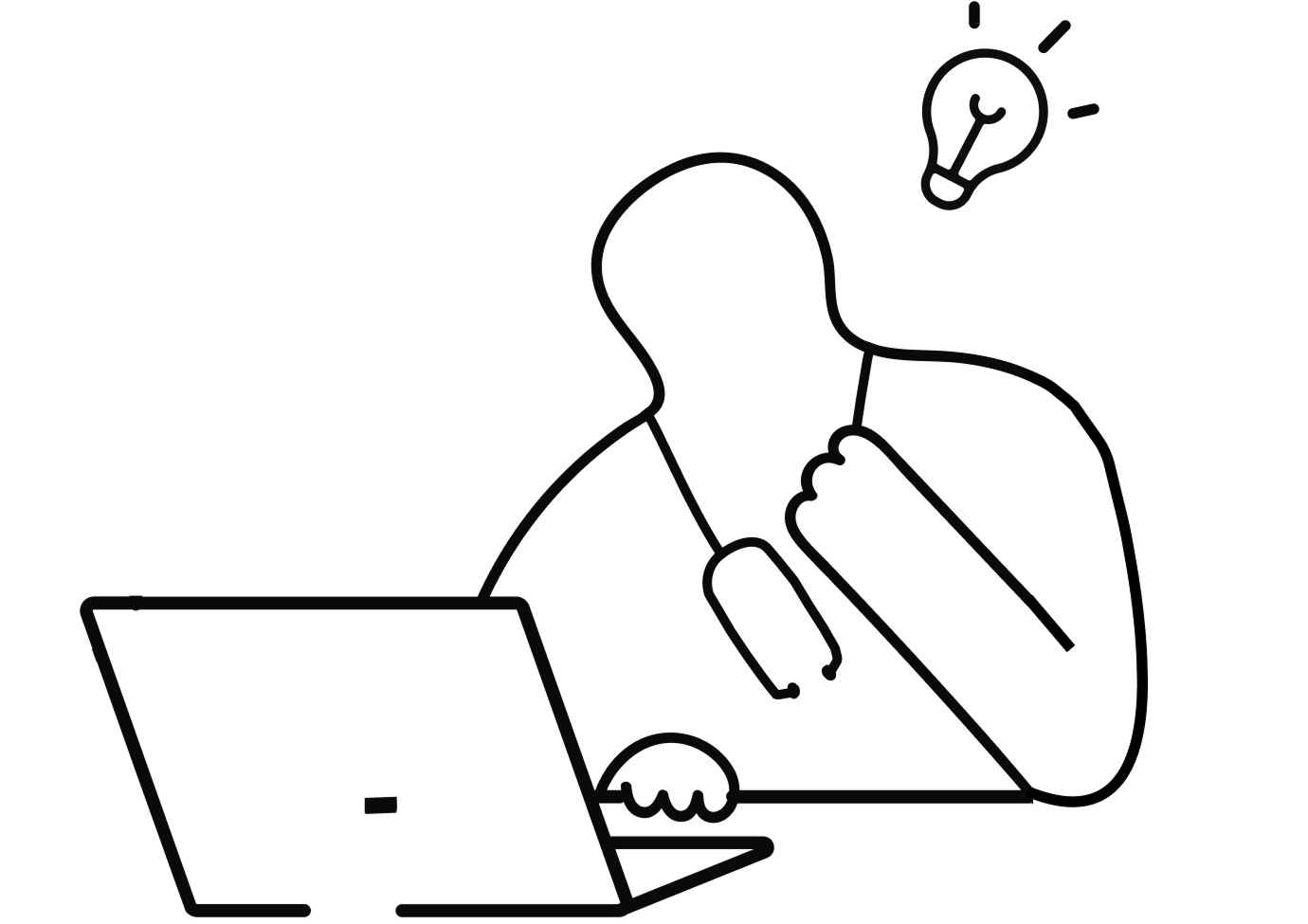 Line illustration of a person at a laptop with a lightbulb above their head