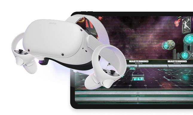 Mastermind VR headset and tablet showing the training game