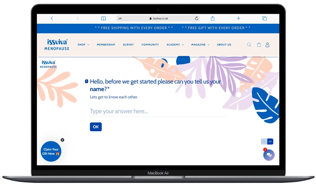 Issviva e-commerce marketplace website mockup focused on menopause solutions.