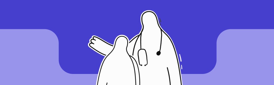 Health professional with stethoscope accompanies a person, on a blue background with minimalist style.