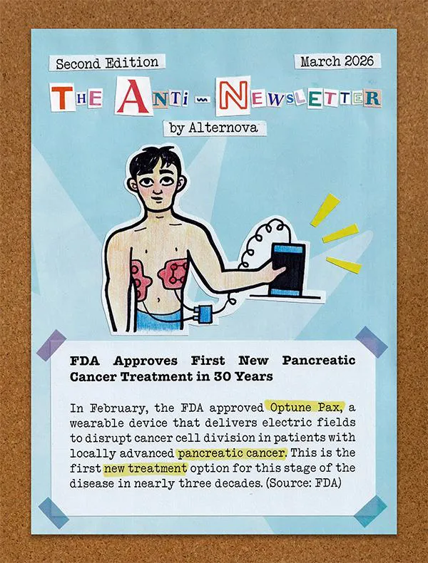 Colorful illustration of a patient wearing a wearable cancer treatment device connected to a portable generator, from Alternova's Anti-Newsletter.