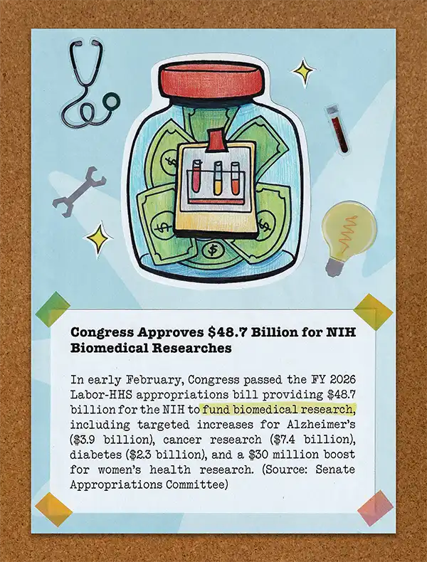Illustrated jar filled with money and test tubes representing congressional funding for biomedical research, from Alternova's Anti-Newsletter.